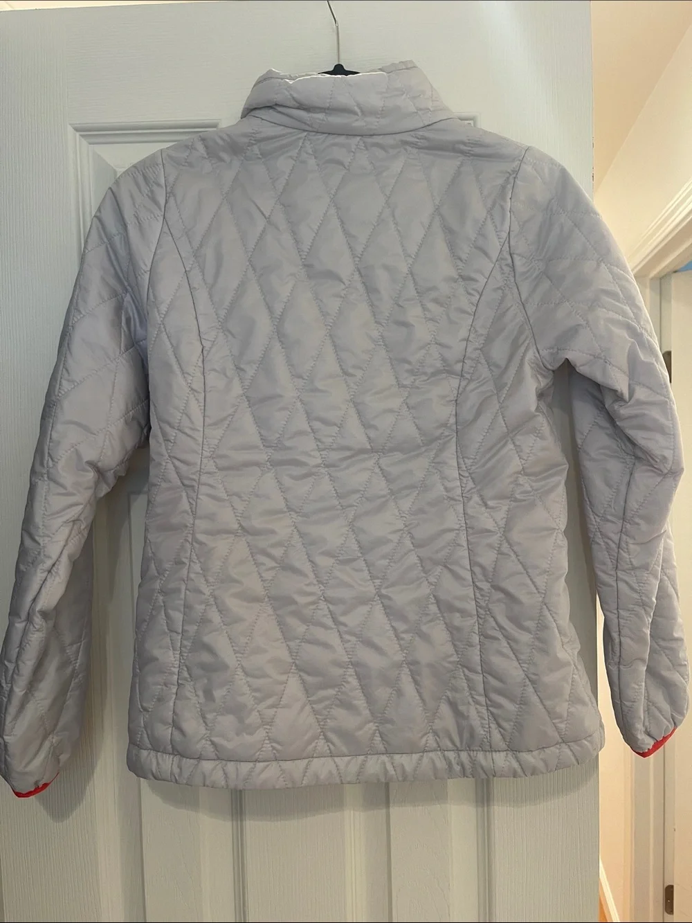 Patagonia Light Gray Quilted Girls' Jacket with Pink Zipper and Yellow Accents